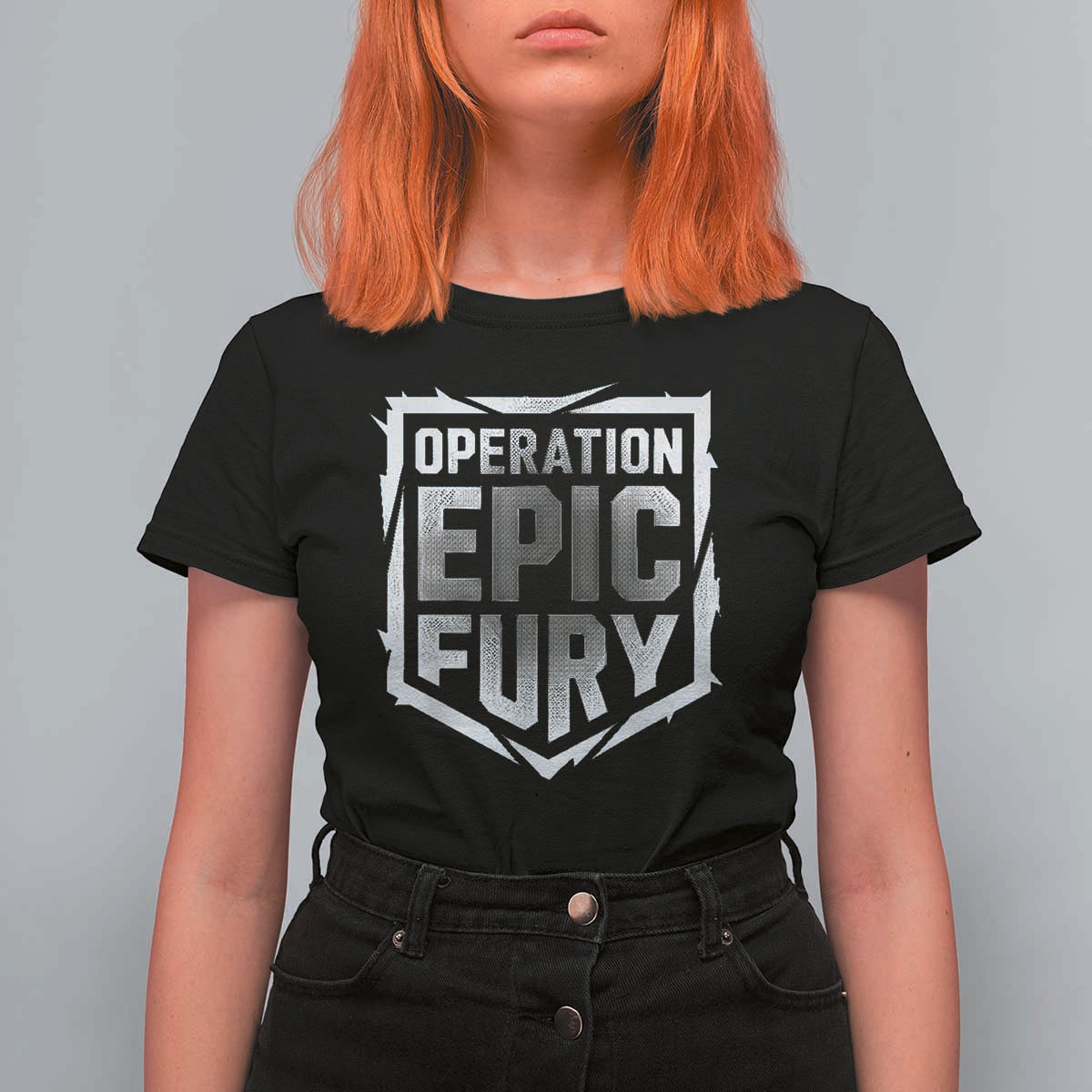 Operation Epic Fury Bold Tactical Shield Graphic T Shirt For Women Strong Patriotic Statement Freedom Supporters