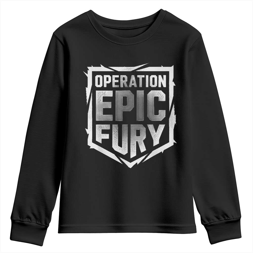 Operation Epic Fury Bold Tactical Shield Graphic Youth Sweatshirt Strong Patriotic Statement Freedom Supporters