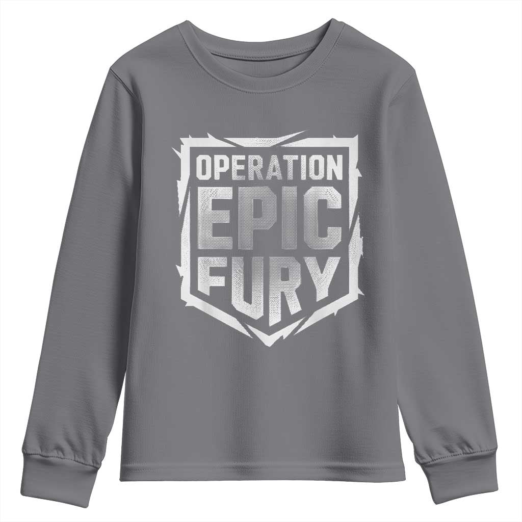 Operation Epic Fury Bold Tactical Shield Graphic Youth Sweatshirt Strong Patriotic Statement Freedom Supporters