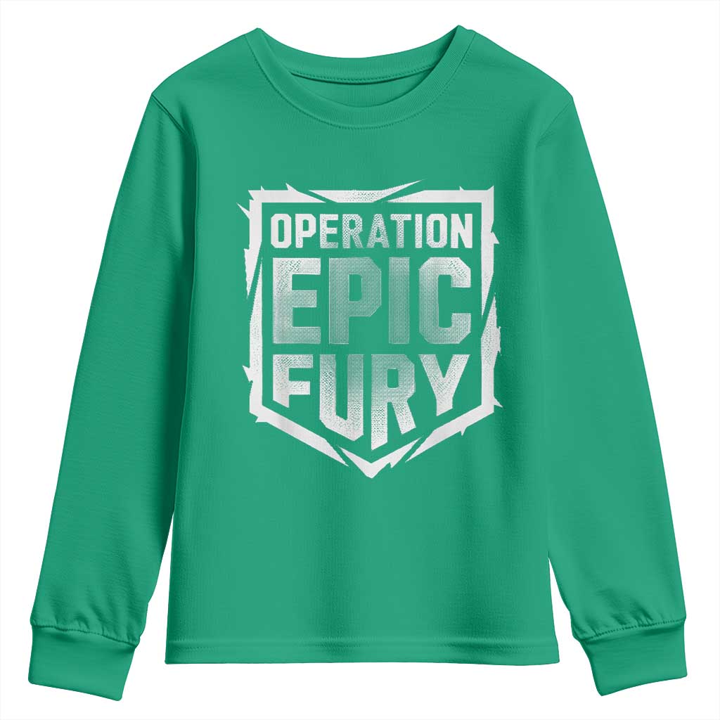 Operation Epic Fury Bold Tactical Shield Graphic Youth Sweatshirt Strong Patriotic Statement Freedom Supporters