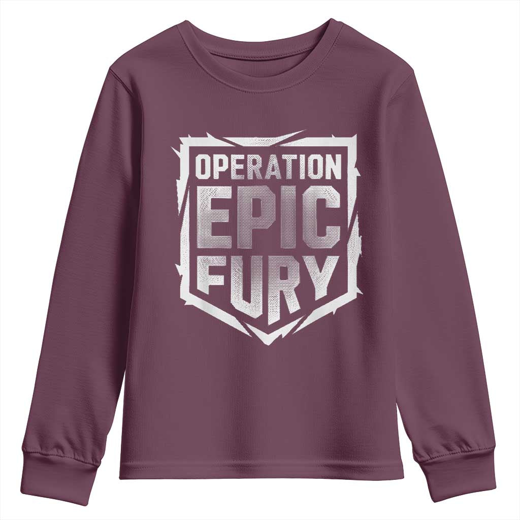 Operation Epic Fury Bold Tactical Shield Graphic Youth Sweatshirt Strong Patriotic Statement Freedom Supporters