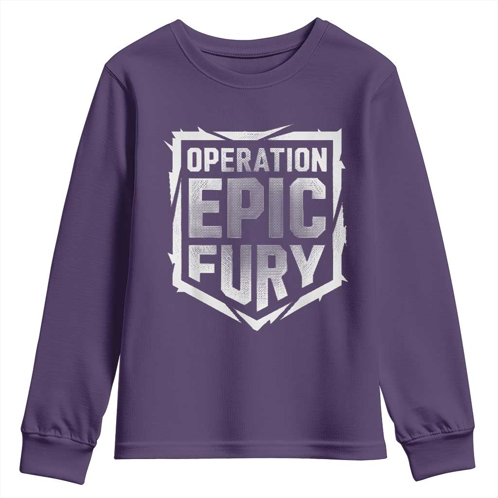 Operation Epic Fury Bold Tactical Shield Graphic Youth Sweatshirt Strong Patriotic Statement Freedom Supporters