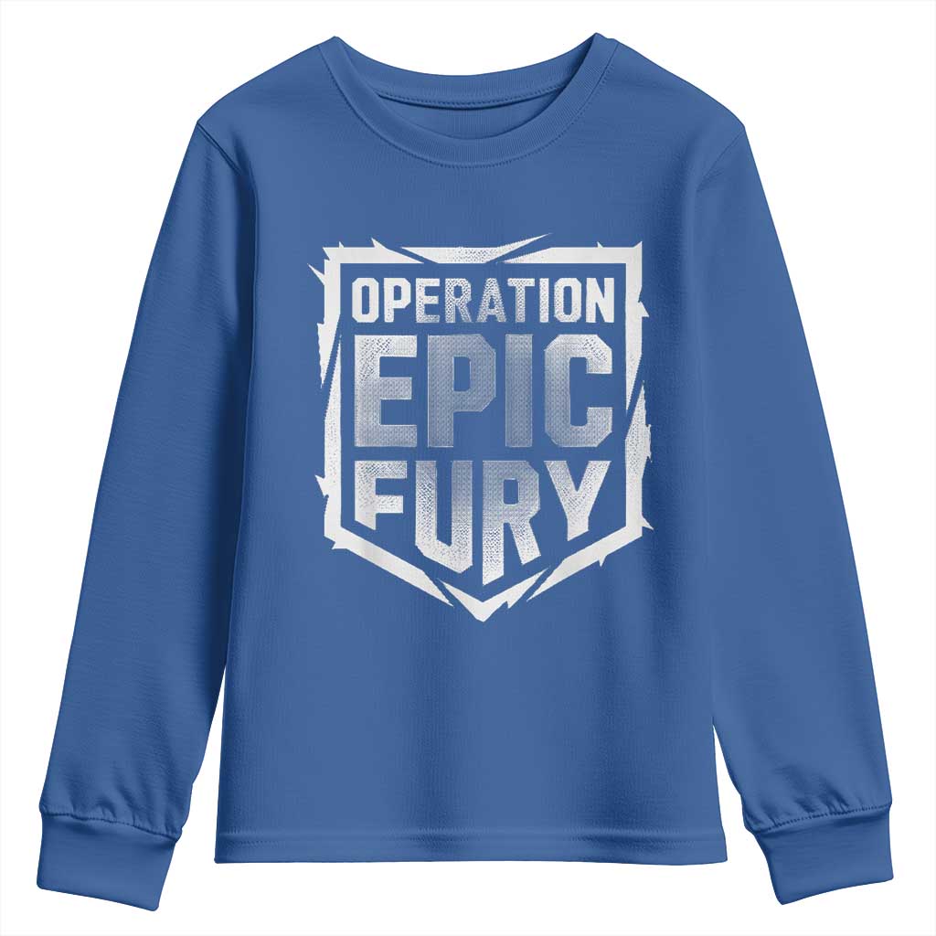 Operation Epic Fury Bold Tactical Shield Graphic Youth Sweatshirt Strong Patriotic Statement Freedom Supporters