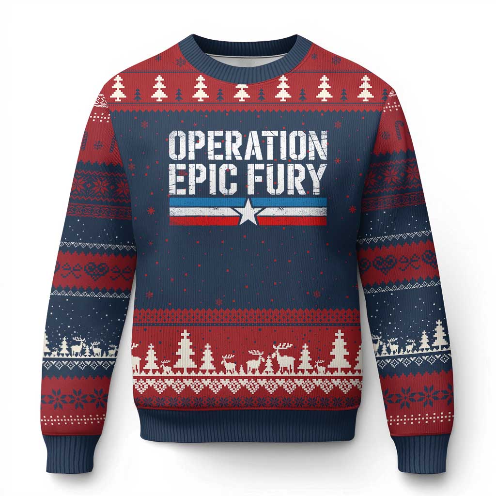 Operation Epic Fury Retro Patriotic Stripe Ugly Christmas Sweater Vintage American Strength Freedom Supporters