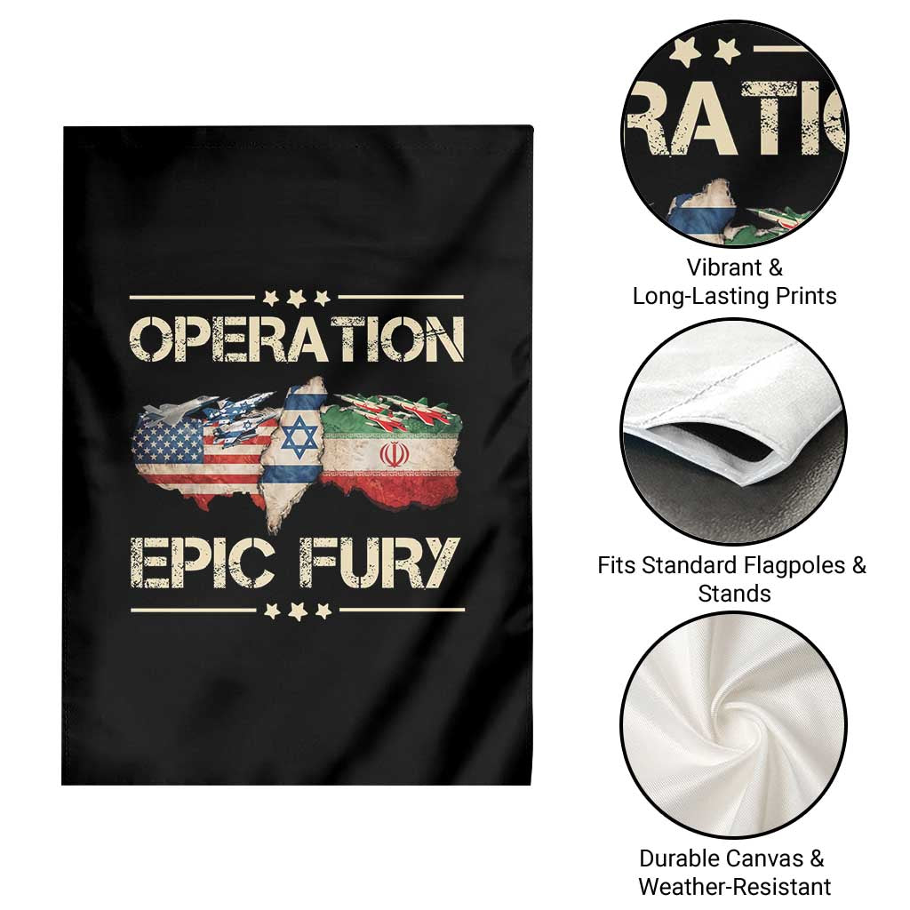 Operation Epic Fury USA Israel Garden Flag Patriotic Military Peace Through Strength