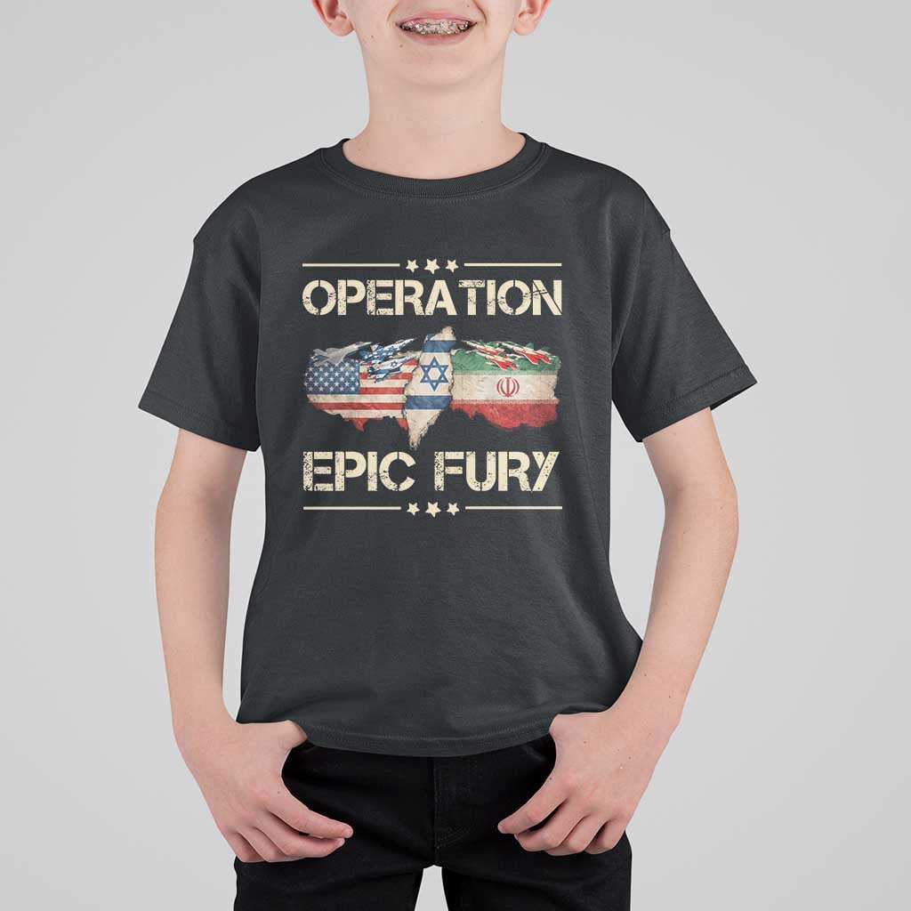 Operation Epic Fury USA Israel T Shirt For Kid Patriotic Military Peace Through Strength