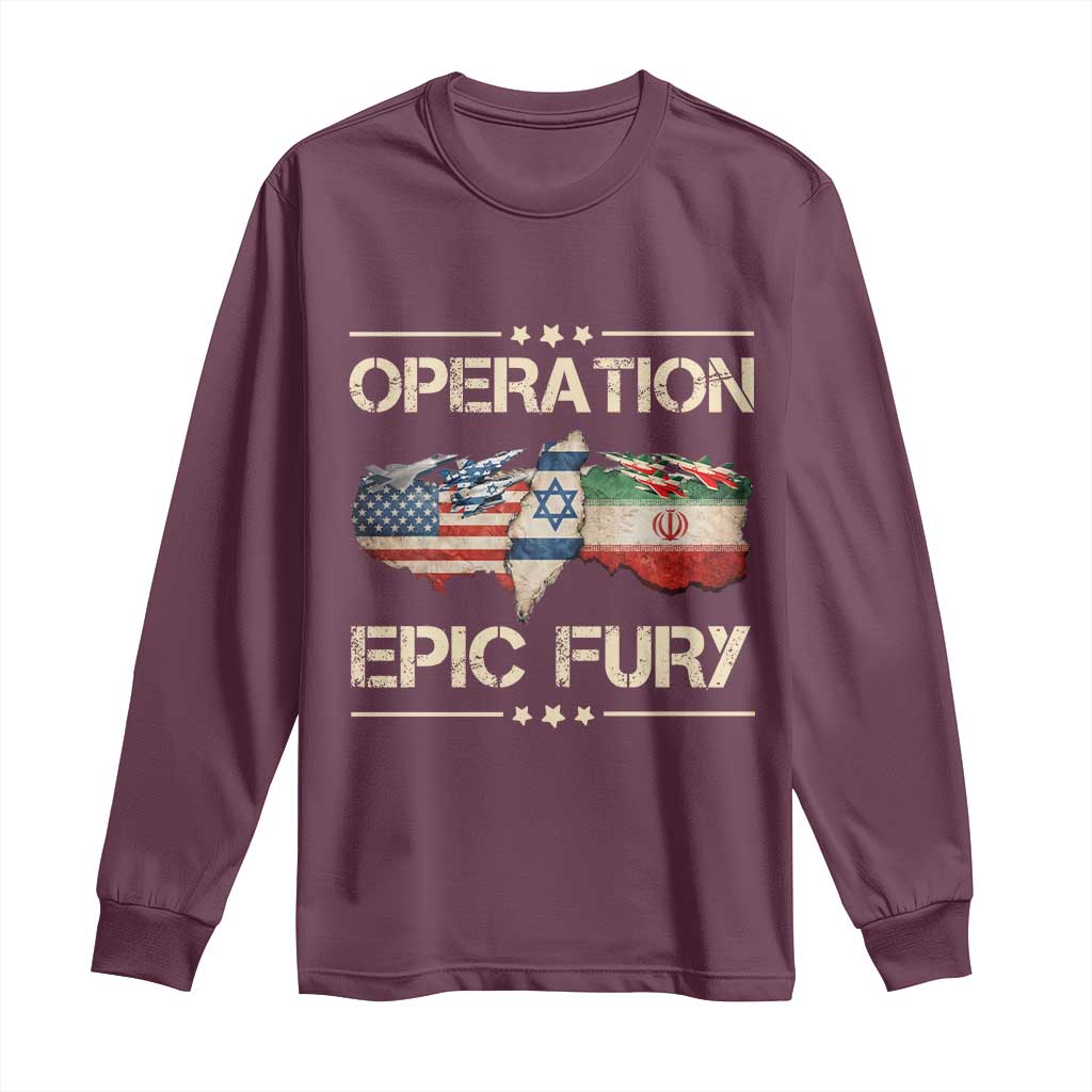 Operation Epic Fury USA Israel Long Sleeve Shirt Patriotic Military Peace Through Strength