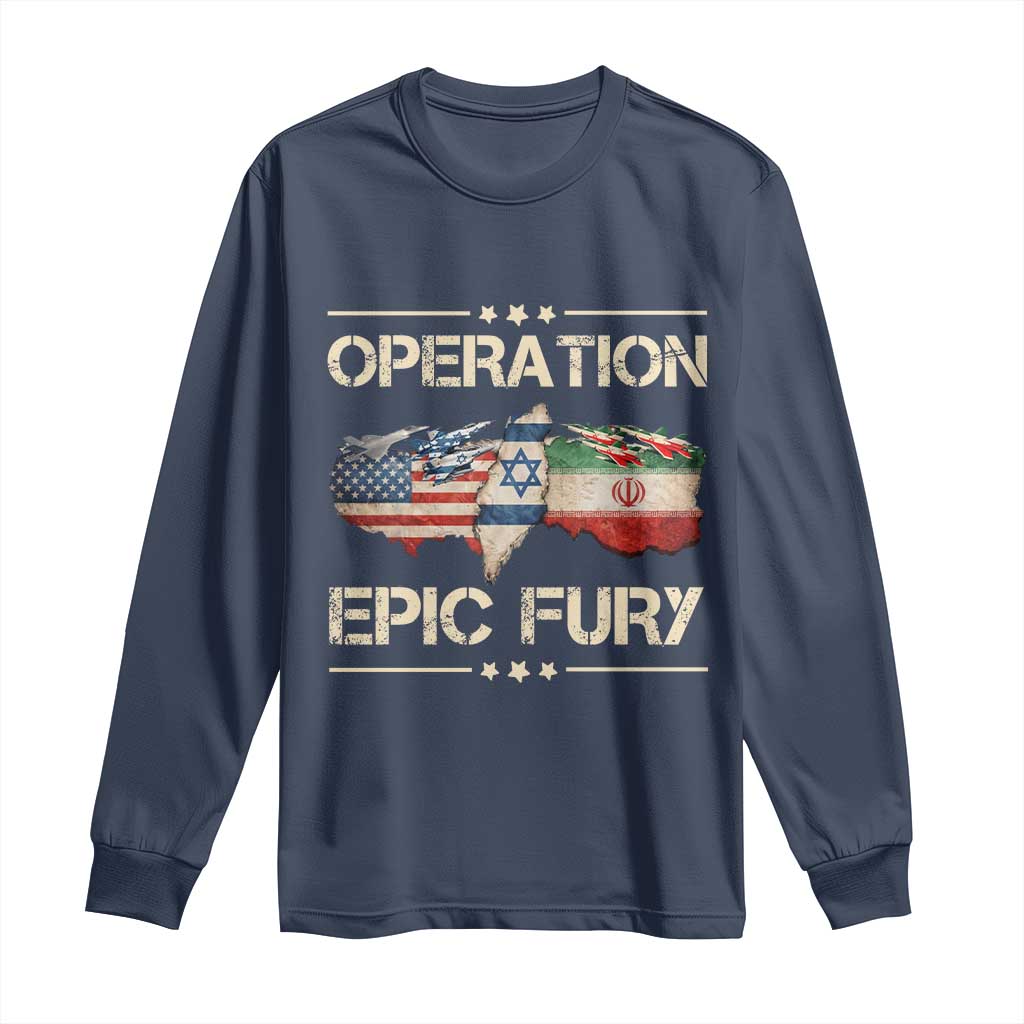 Operation Epic Fury USA Israel Long Sleeve Shirt Patriotic Military Peace Through Strength