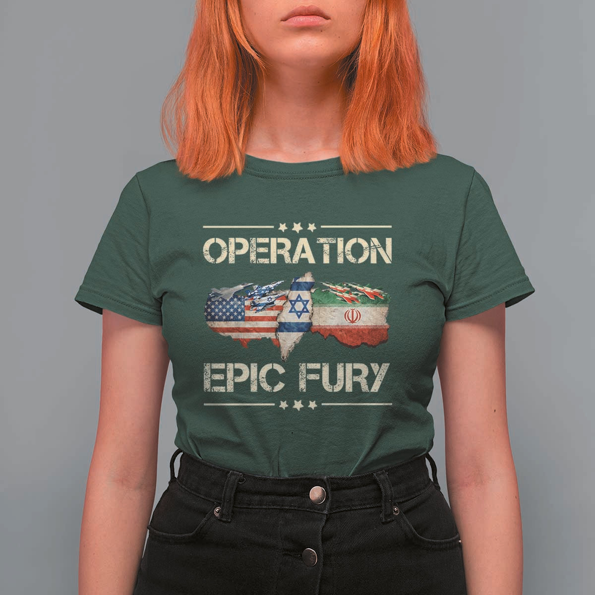 Operation Epic Fury USA Israel T Shirt For Women Patriotic Military Peace Through Strength