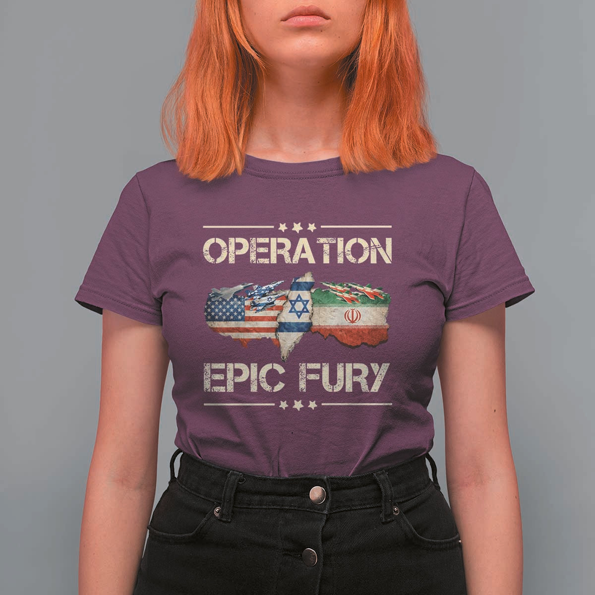 Operation Epic Fury USA Israel T Shirt For Women Patriotic Military Peace Through Strength