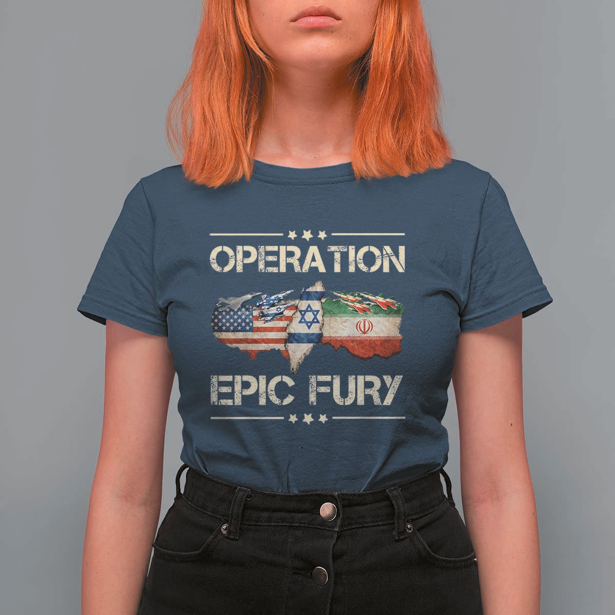 Operation Epic Fury USA Israel T Shirt For Women Patriotic Military Peace Through Strength