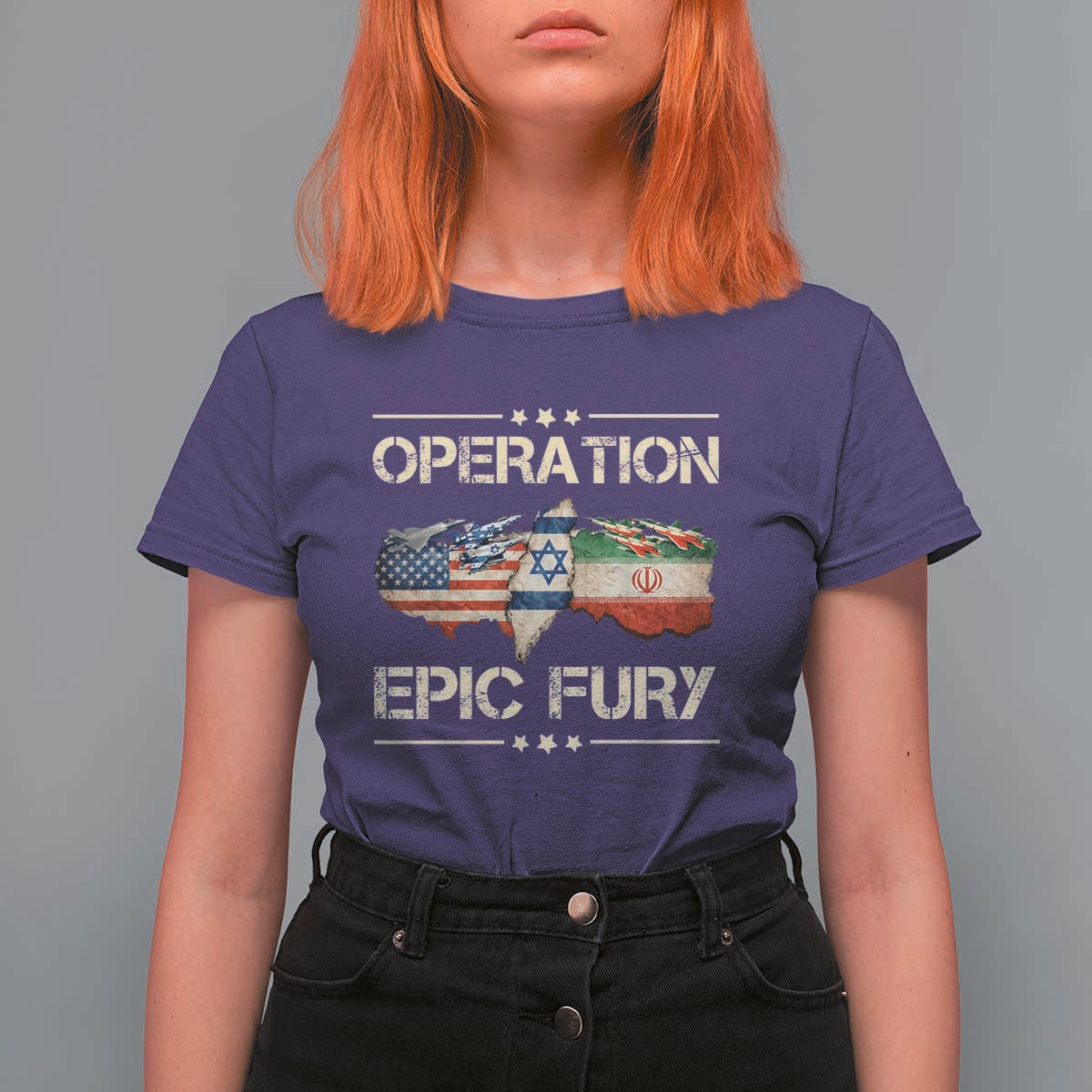 Operation Epic Fury USA Israel T Shirt For Women Patriotic Military Peace Through Strength