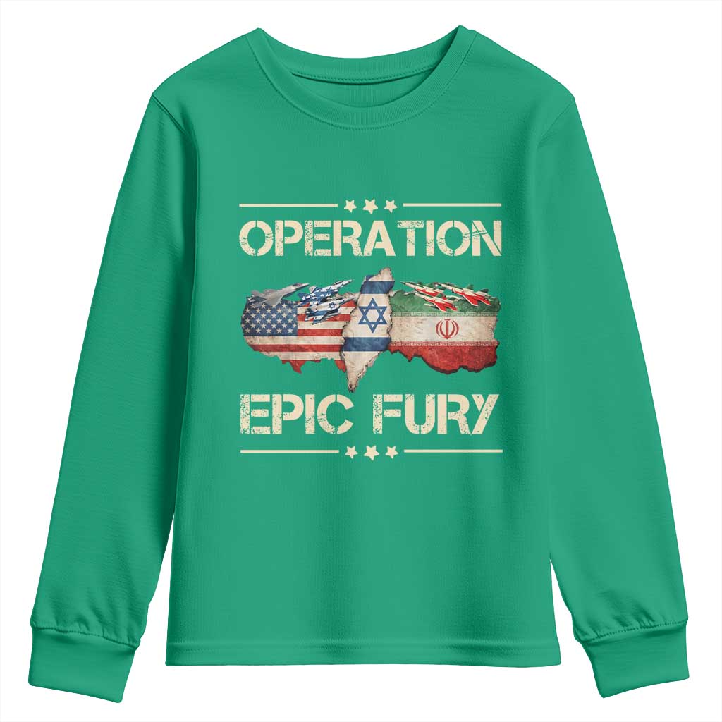 Operation Epic Fury USA Israel Youth Sweatshirt Patriotic Military Peace Through Strength