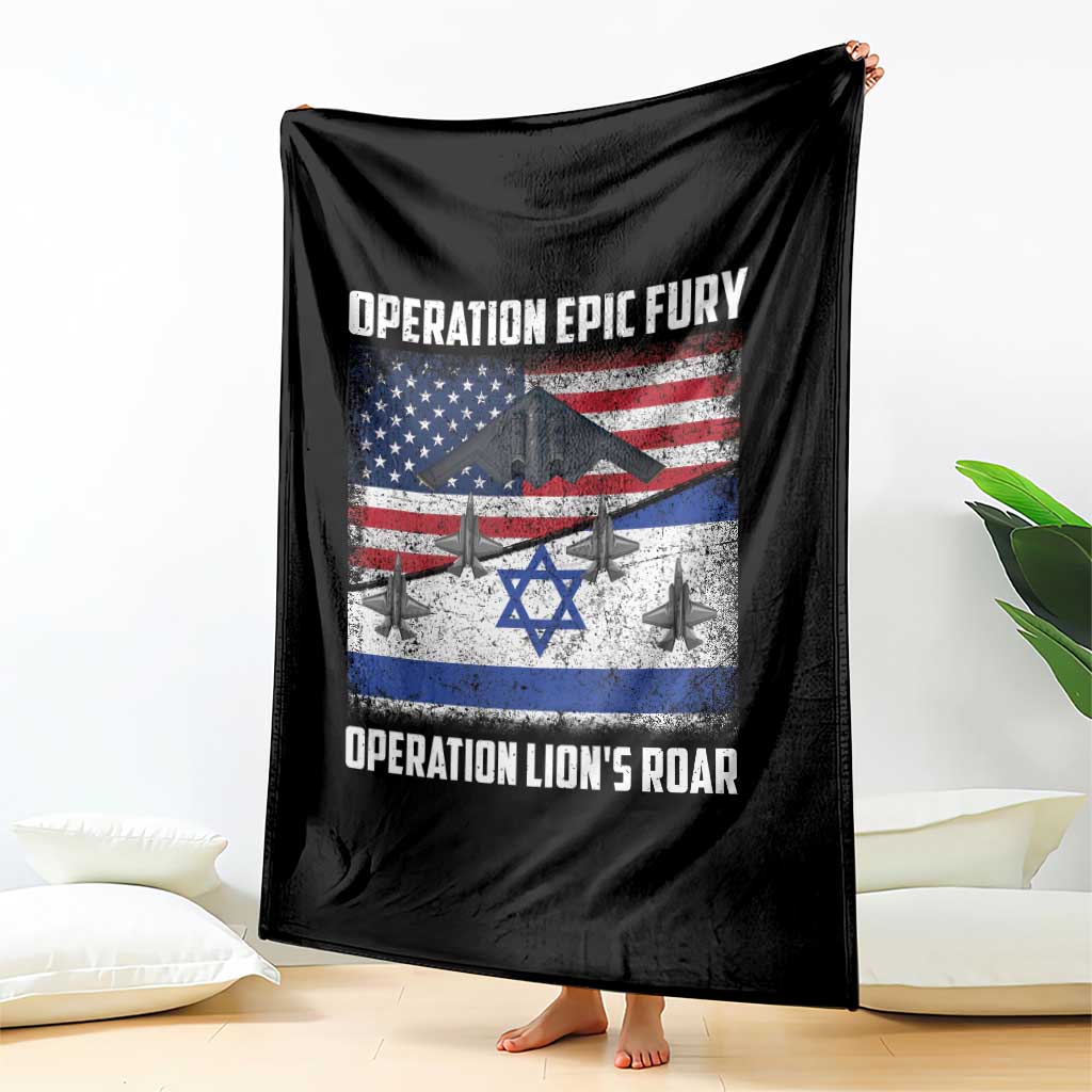 Operation Epic Fury Lions Roar Throw Blanket USA Israel Flag Freedom Defense