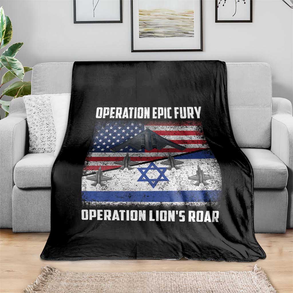 Operation Epic Fury Lions Roar Throw Blanket USA Israel Flag Freedom Defense