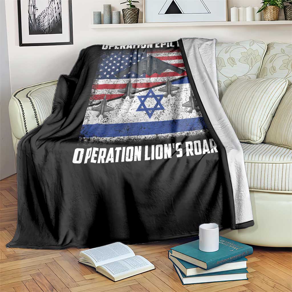 Operation Epic Fury Lions Roar Throw Blanket USA Israel Flag Freedom Defense