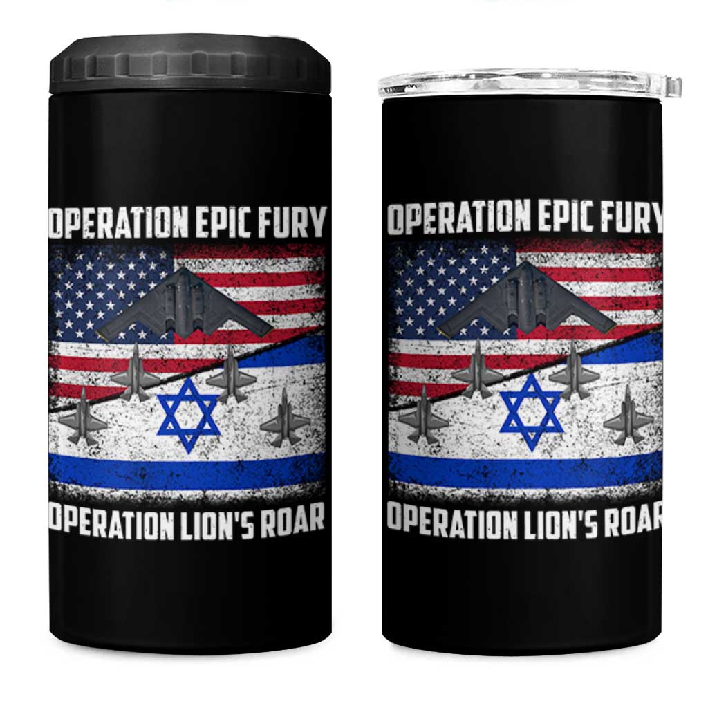 Operation Epic Fury Lions Roar 4 in 1 Can Cooler Tumbler USA Israel Flag Freedom Defense
