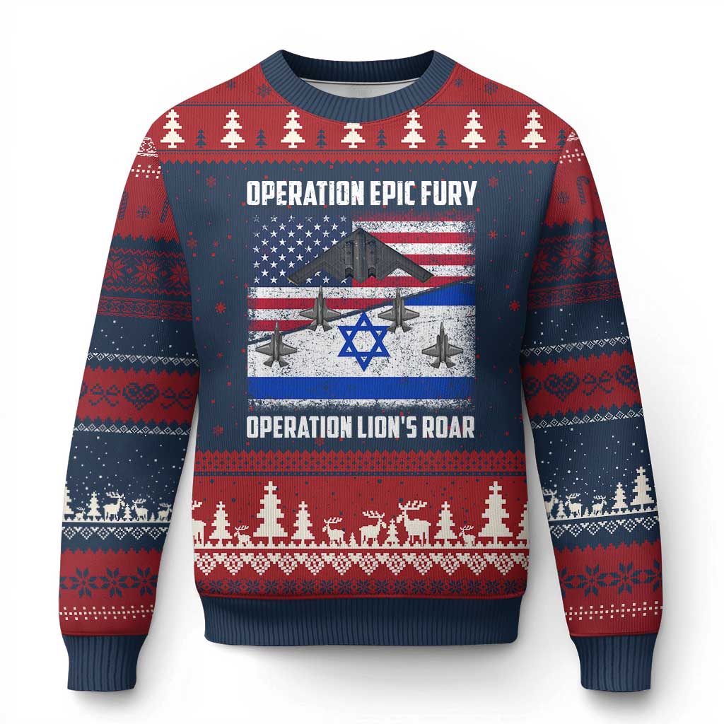 Operation Epic Fury Lions Roar Ugly Christmas Sweater USA Israel Flag Freedom Defense