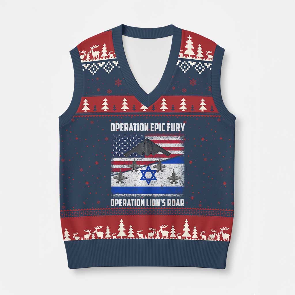 Operation Epic Fury Lions Roar V-Neck Knit Sweater Vest USA Israel Flag Freedom Defense