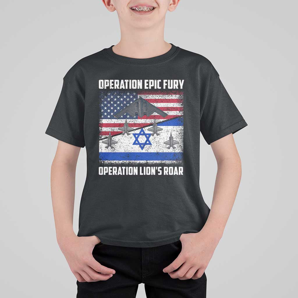 Operation Epic Fury Lions Roar T Shirt For Kid USA Israel Flag Freedom Defense