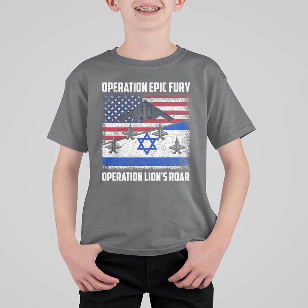 Operation Epic Fury Lions Roar T Shirt For Kid USA Israel Flag Freedom Defense