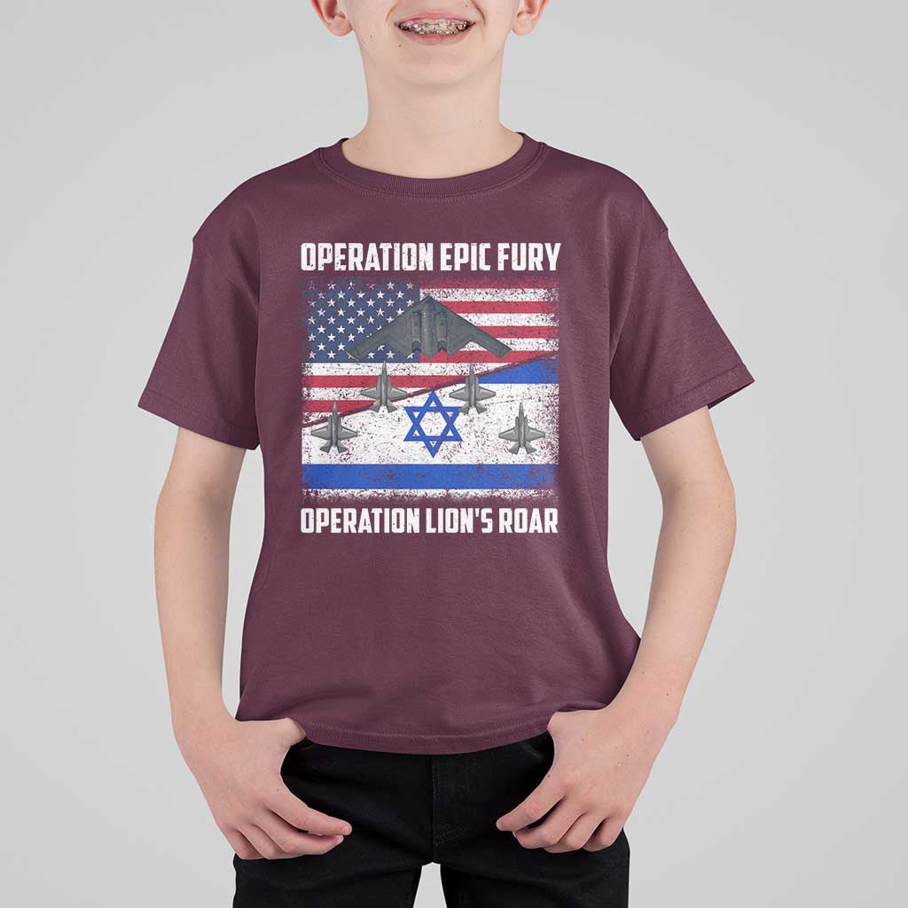Operation Epic Fury Lions Roar T Shirt For Kid USA Israel Flag Freedom Defense