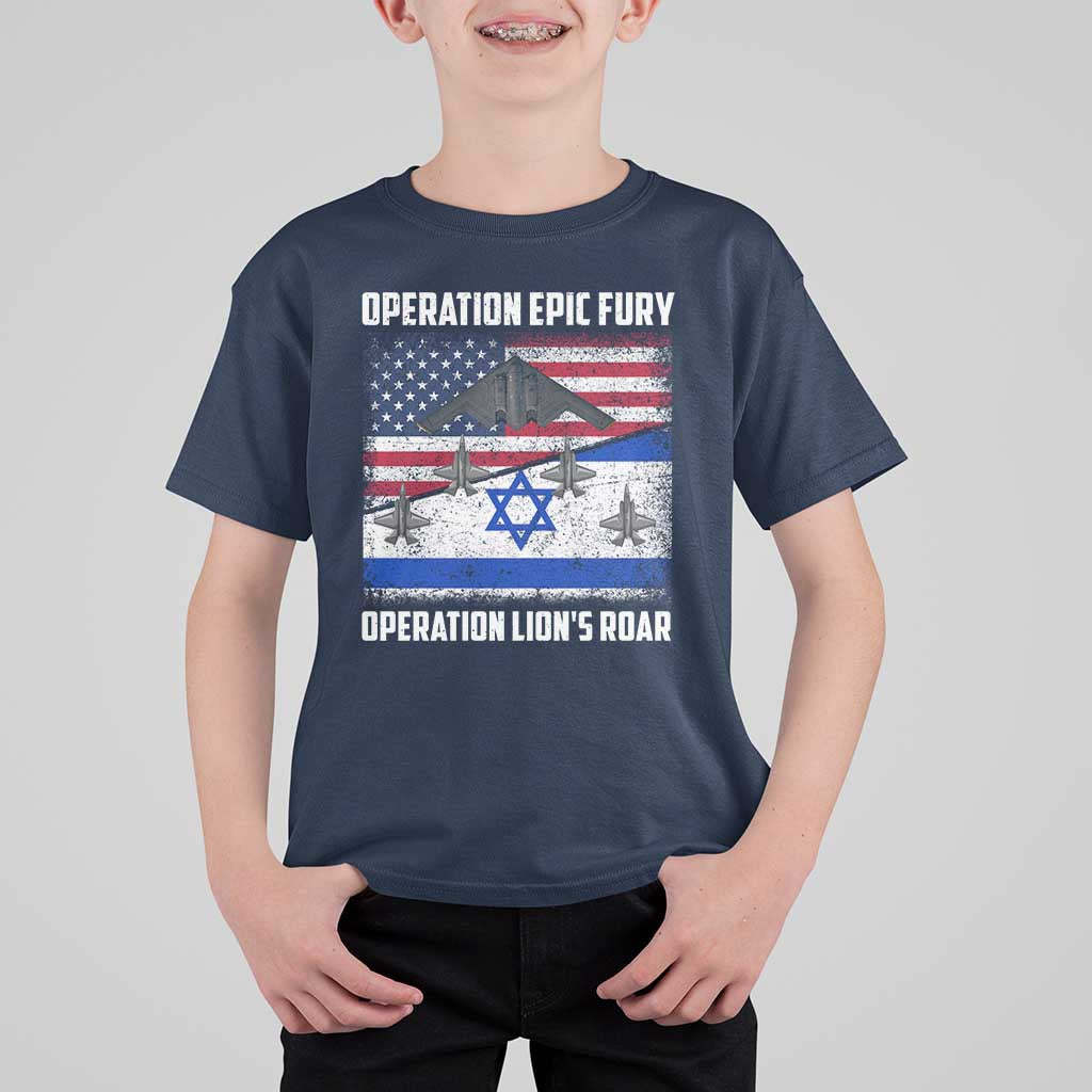 Operation Epic Fury Lions Roar T Shirt For Kid USA Israel Flag Freedom Defense