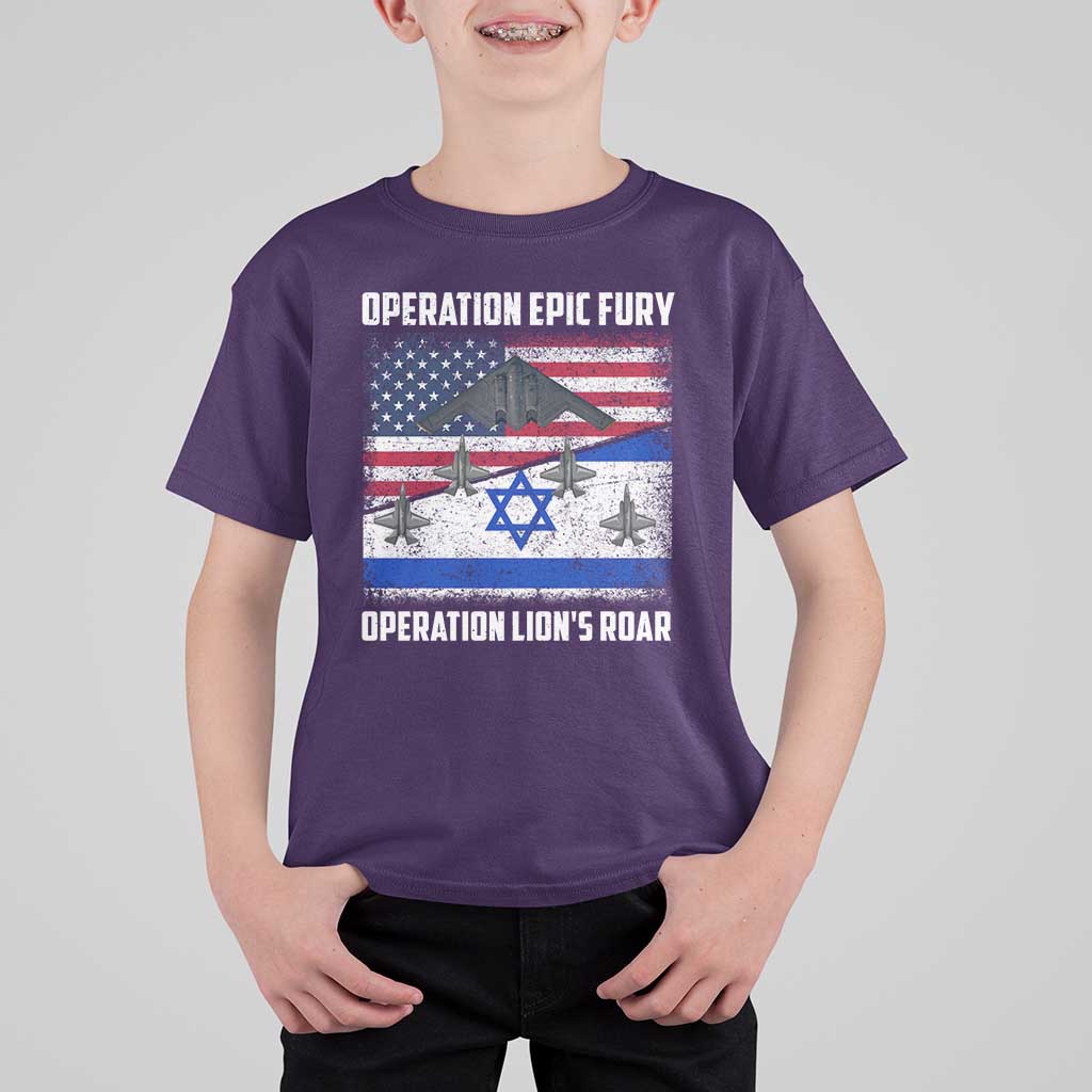Operation Epic Fury Lions Roar T Shirt For Kid USA Israel Flag Freedom Defense