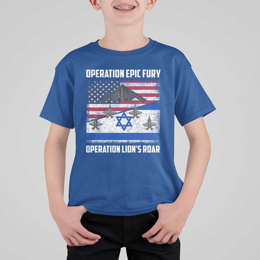 Operation Epic Fury Lions Roar T Shirt For Kid USA Israel Flag Freedom Defense