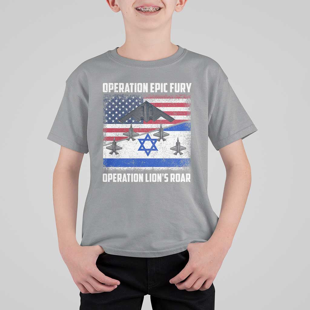 Operation Epic Fury Lions Roar T Shirt For Kid USA Israel Flag Freedom Defense