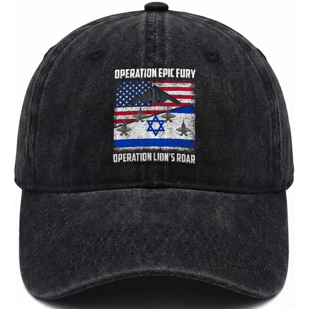 Operation Epic Fury Lions Roar Washed Cotton Baseball Cap USA Israel Flag Freedom Defense