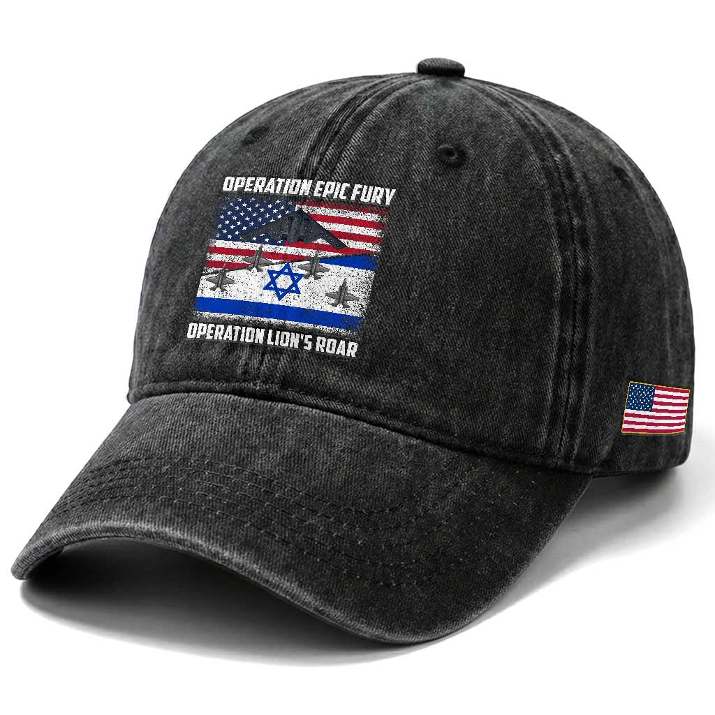 Operation Epic Fury Lions Roar Washed Cotton Baseball Cap USA Israel Flag Freedom Defense