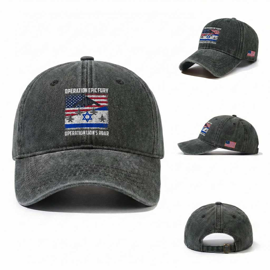 Operation Epic Fury Lions Roar Washed Cotton Baseball Cap USA Israel Flag Freedom Defense
