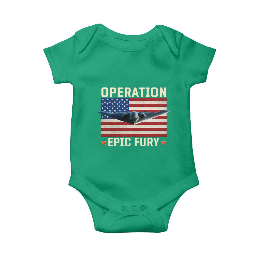 Operation Epic Fury Stealth Bomber American Flag Baby Onesie Powerful B2 Spirit USA Military Pride