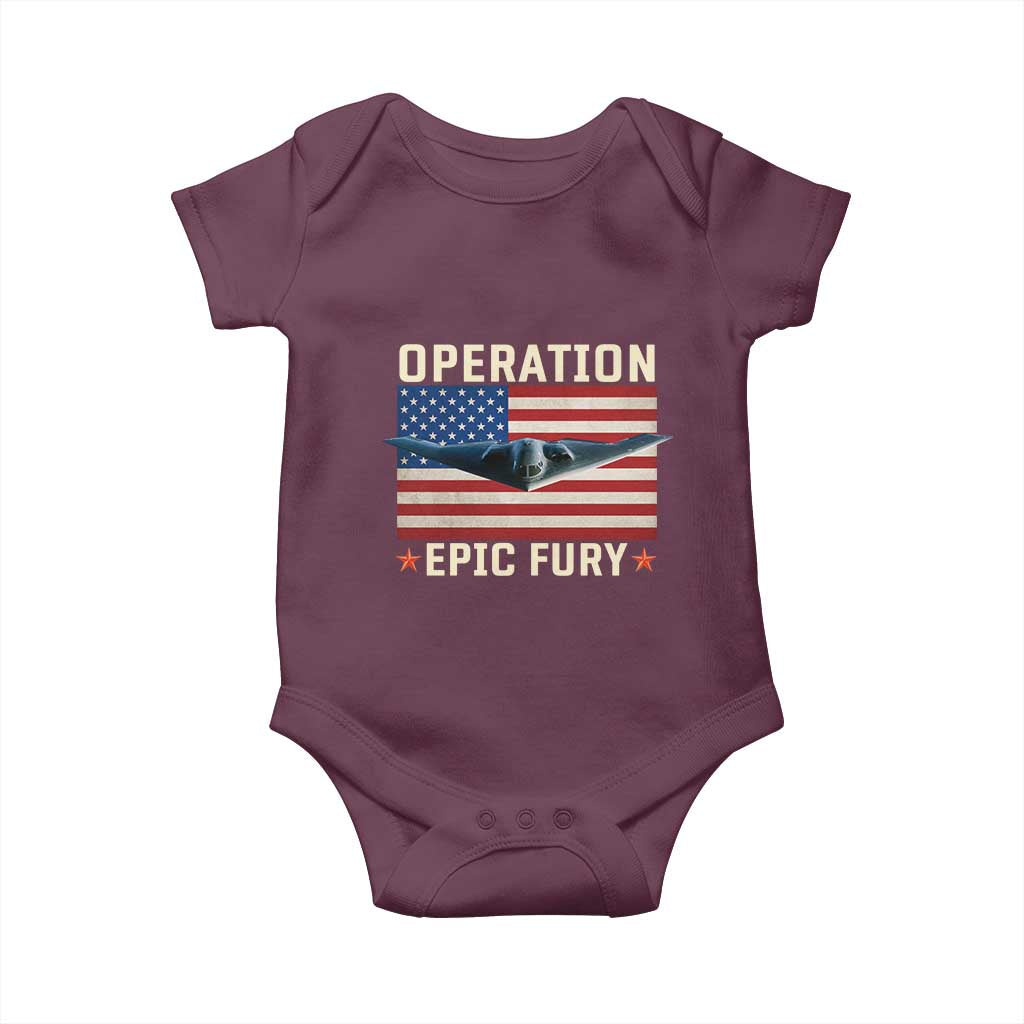 Operation Epic Fury Stealth Bomber American Flag Baby Onesie Powerful B2 Spirit USA Military Pride