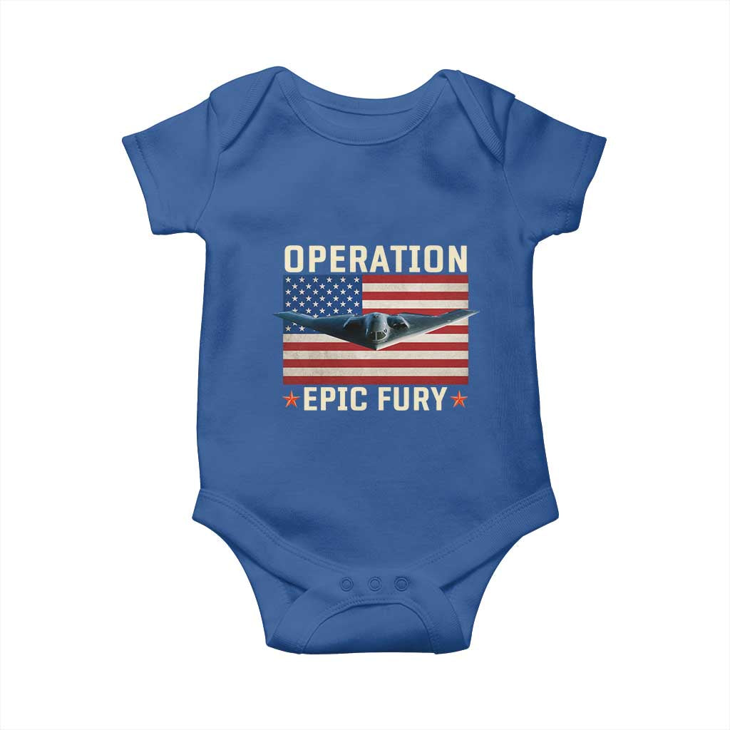 Operation Epic Fury Stealth Bomber American Flag Baby Onesie Powerful B2 Spirit USA Military Pride