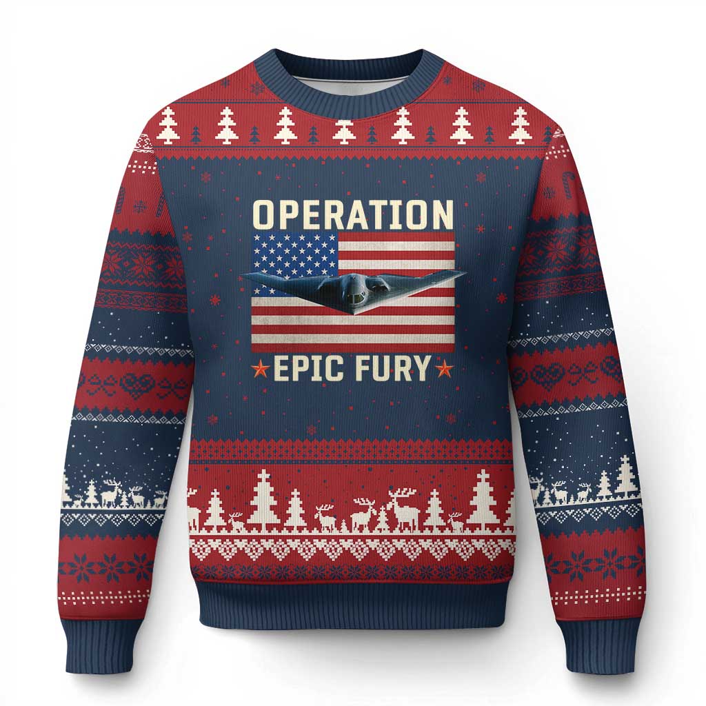 Operation Epic Fury Stealth Bomber American Flag Ugly Christmas Sweater Powerful B2 Spirit USA Military Pride