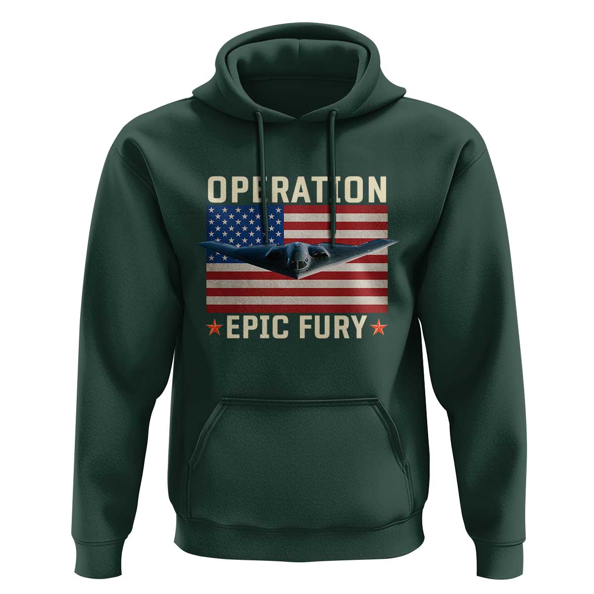 Operation Epic Fury Stealth Bomber American Flag Hoodie Powerful B2 Spirit USA Military Pride