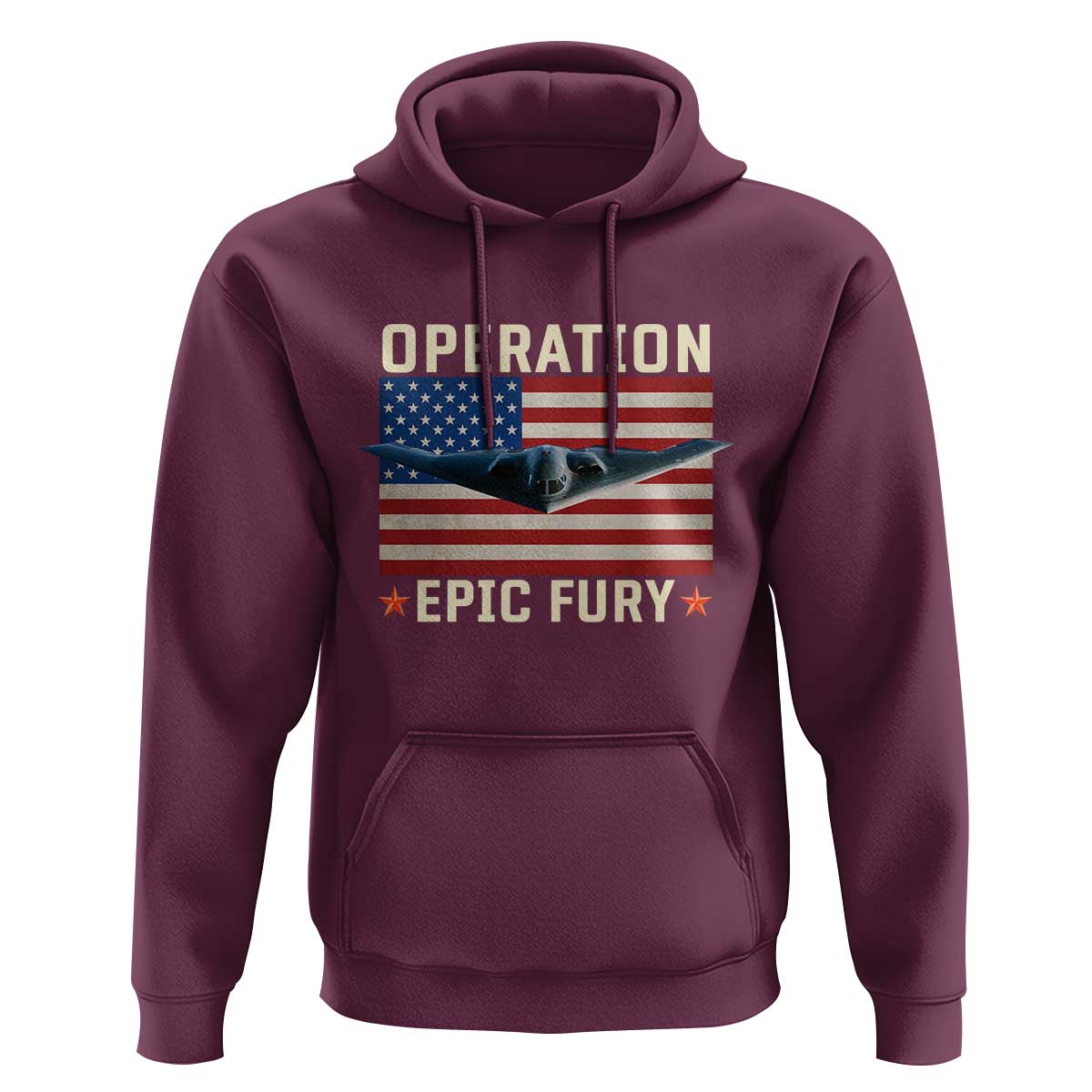 Operation Epic Fury Stealth Bomber American Flag Hoodie Powerful B2 Spirit USA Military Pride