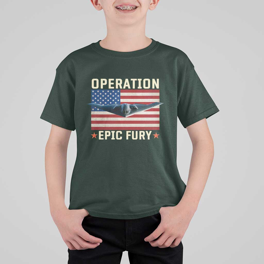 Operation Epic Fury Stealth Bomber American Flag T Shirt For Kid Powerful B2 Spirit USA Military Pride