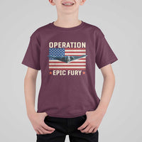 Operation Epic Fury Stealth Bomber American Flag T Shirt For Kid Powerful B2 Spirit USA Military Pride