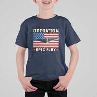 Operation Epic Fury Stealth Bomber American Flag T Shirt For Kid Powerful B2 Spirit USA Military Pride