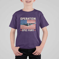 Operation Epic Fury Stealth Bomber American Flag T Shirt For Kid Powerful B2 Spirit USA Military Pride
