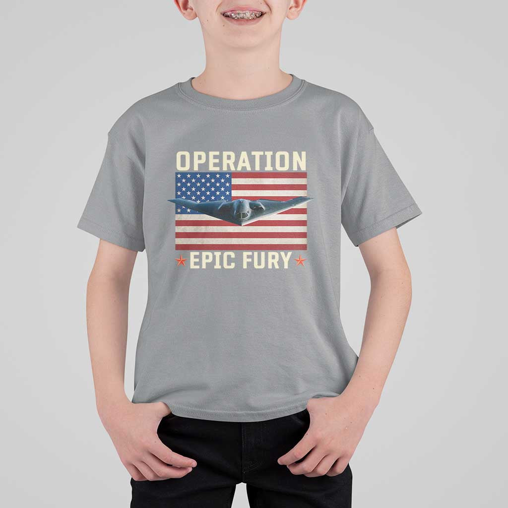 Operation Epic Fury Stealth Bomber American Flag T Shirt For Kid Powerful B2 Spirit USA Military Pride
