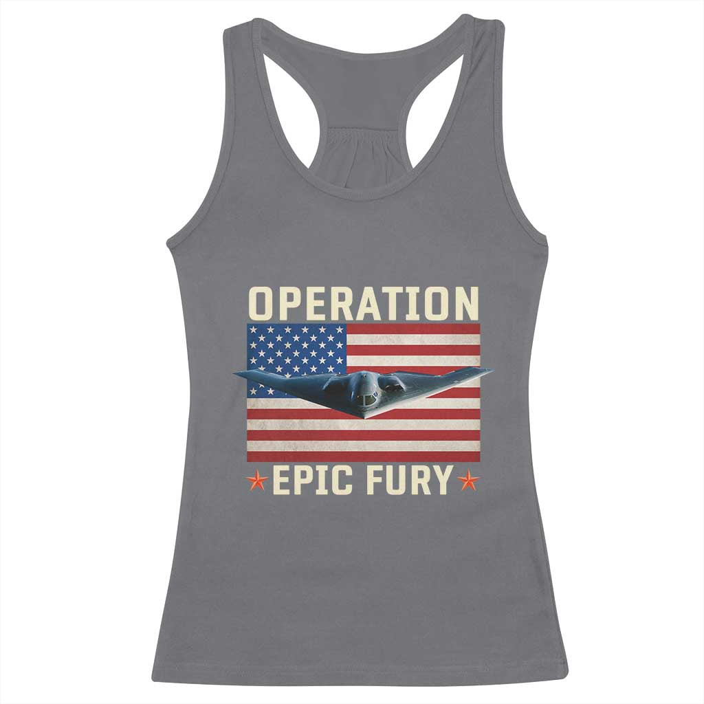 Operation Epic Fury Stealth Bomber American Flag Racerback Tank Top Powerful B2 Spirit USA Military Pride