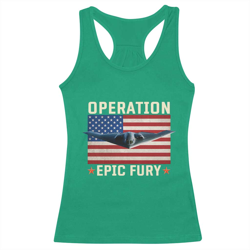 Operation Epic Fury Stealth Bomber American Flag Racerback Tank Top Powerful B2 Spirit USA Military Pride