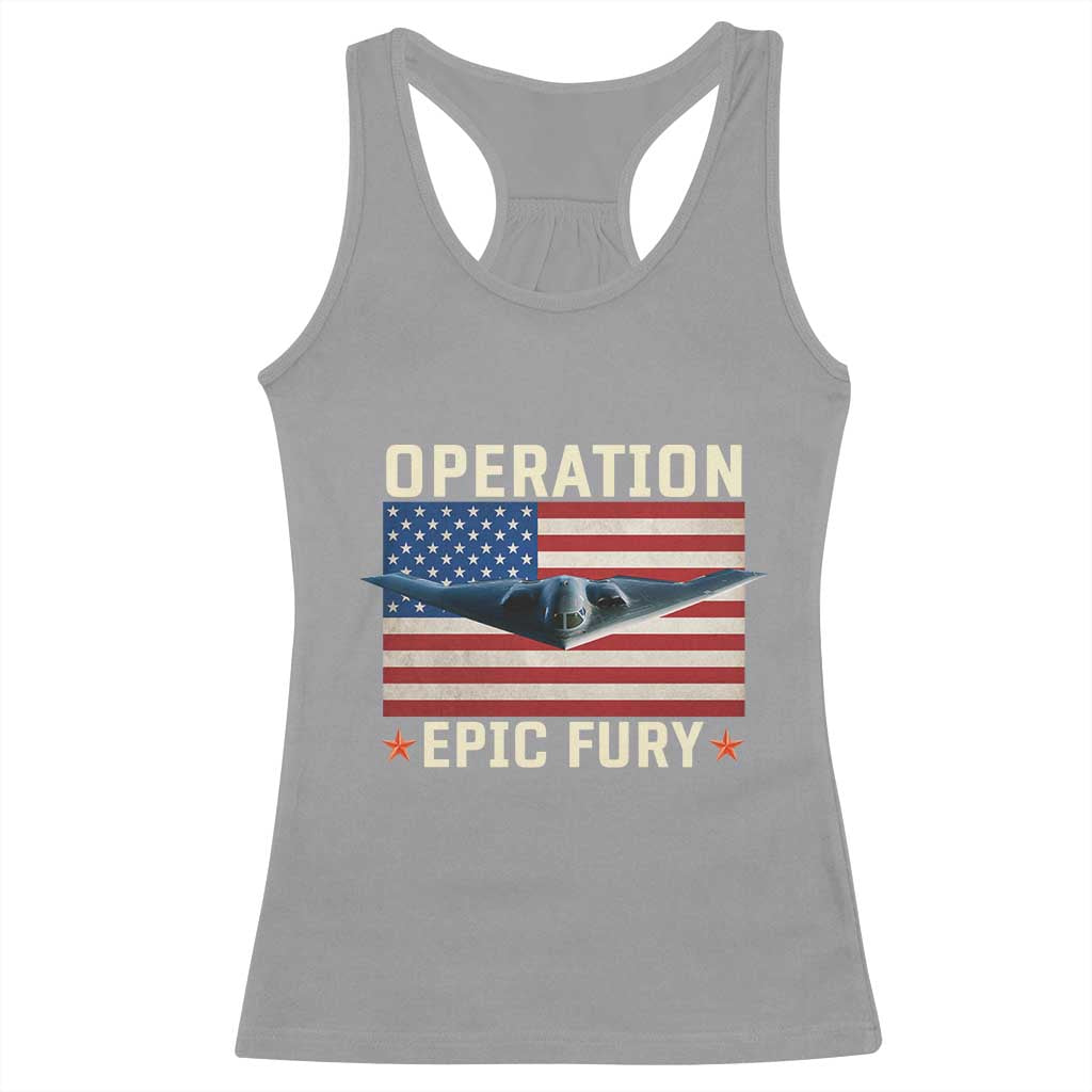 Operation Epic Fury Stealth Bomber American Flag Racerback Tank Top Powerful B2 Spirit USA Military Pride