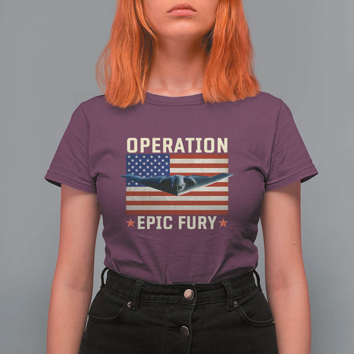 Operation Epic Fury Stealth Bomber American Flag T Shirt For Women Powerful B2 Spirit USA Military Pride