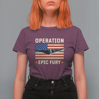 Operation Epic Fury Stealth Bomber American Flag T Shirt For Women Powerful B2 Spirit USA Military Pride