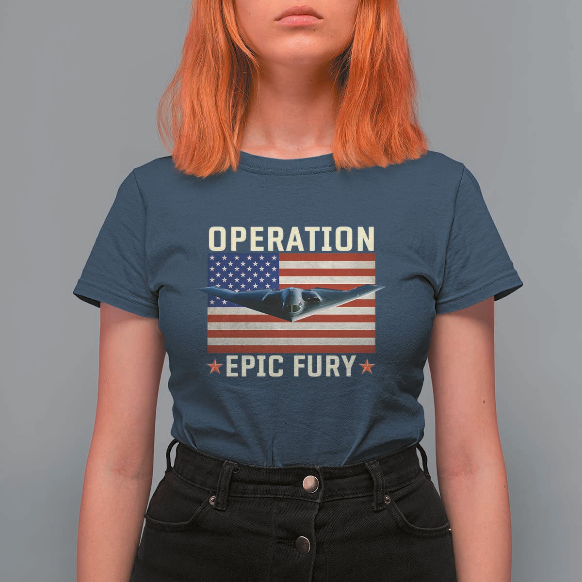 Operation Epic Fury Stealth Bomber American Flag T Shirt For Women Powerful B2 Spirit USA Military Pride
